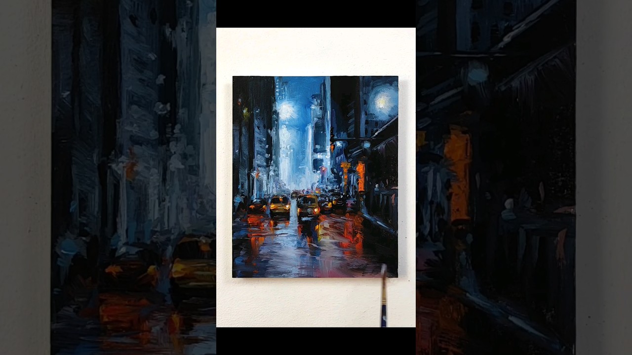 Beautiful Night Cityscape Painting 🌃🏢🚘💡/ Acrylic on paper 🖌️ #easy #acrylicpainting #shorts