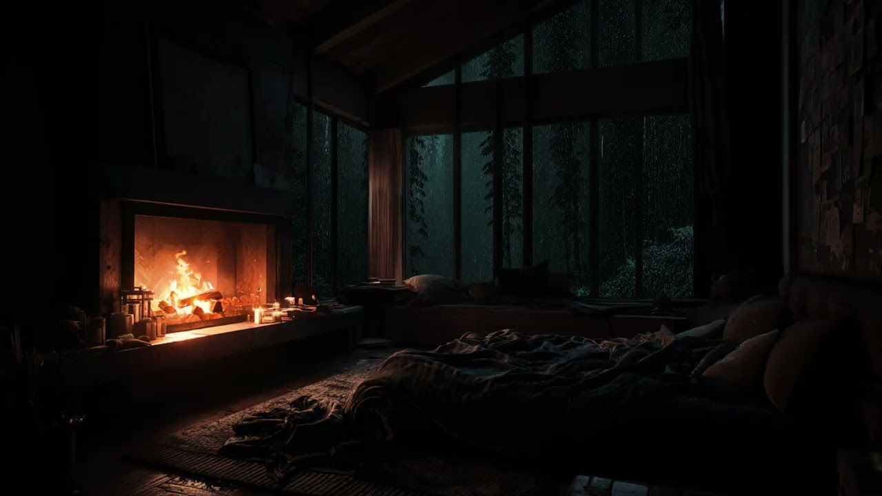Inside a warm forest bedroom while rain falls steadily through the dark forest outside 🌧️🔥