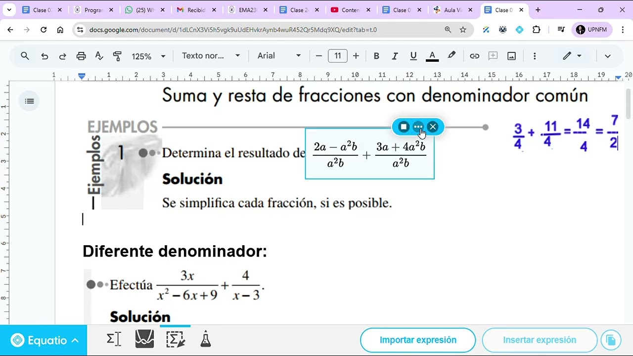 Suma y resta de Expresiones Algebraicas Racionales con igual y diferente denominador