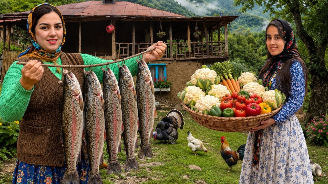 IRAN Daily Village Life :Traditional Cooking with Fresh Trout , Bandari Pickles & Date Dessert 🐟🔥
