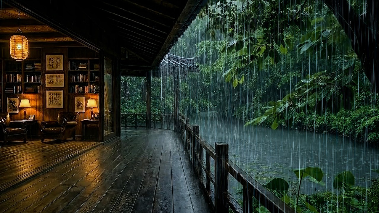 🌧️ Naturally Fall Asleep with Gentle Rain on Wooden Cabin Porch | ASMR Forest Rain on Garden Pond
