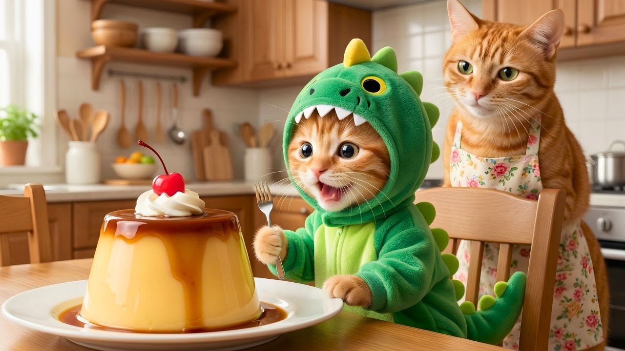 Sad Ginger Kitten Want His Favorite Caramel Pudding — Mama Cat Makes a Bigger One🍮