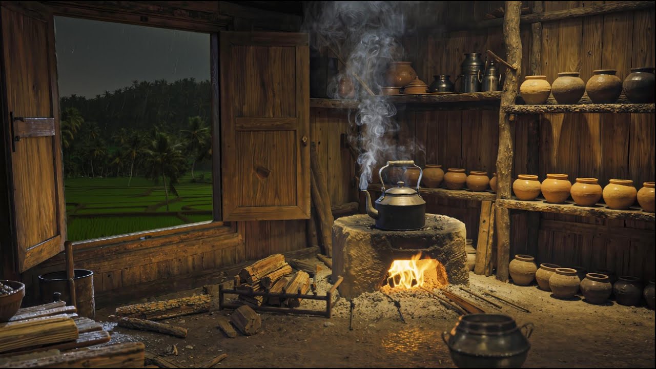 Heavy Rain & Crackling Fireplace in Traditional Village Kitchen 🌧️🔥 Deep Sleep Ambience (Java)