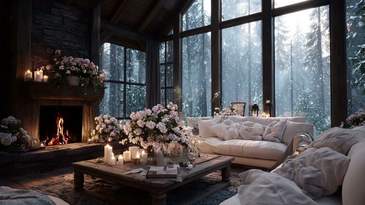 Soft Piano Melodies for a Cold Day: Warm Cabin Fireplace and Snowy Forest View Ambience