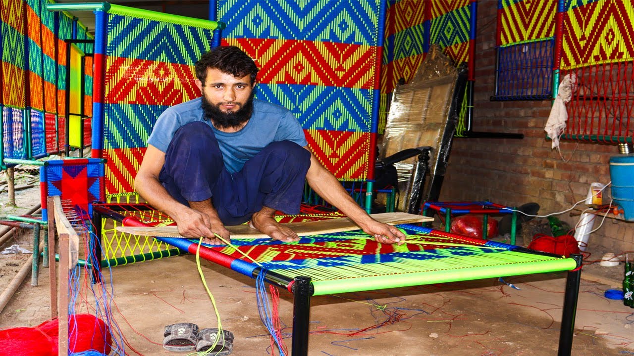 Artistic  Technique of Weaving a Cot | Amazing Designed Nylon Rope Cot Weaving #cot weaving