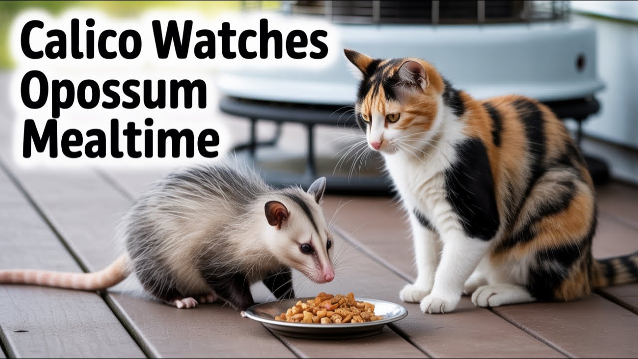 Cat Observes Opossum Peacefully Sharing Her Dinner 🐈 
