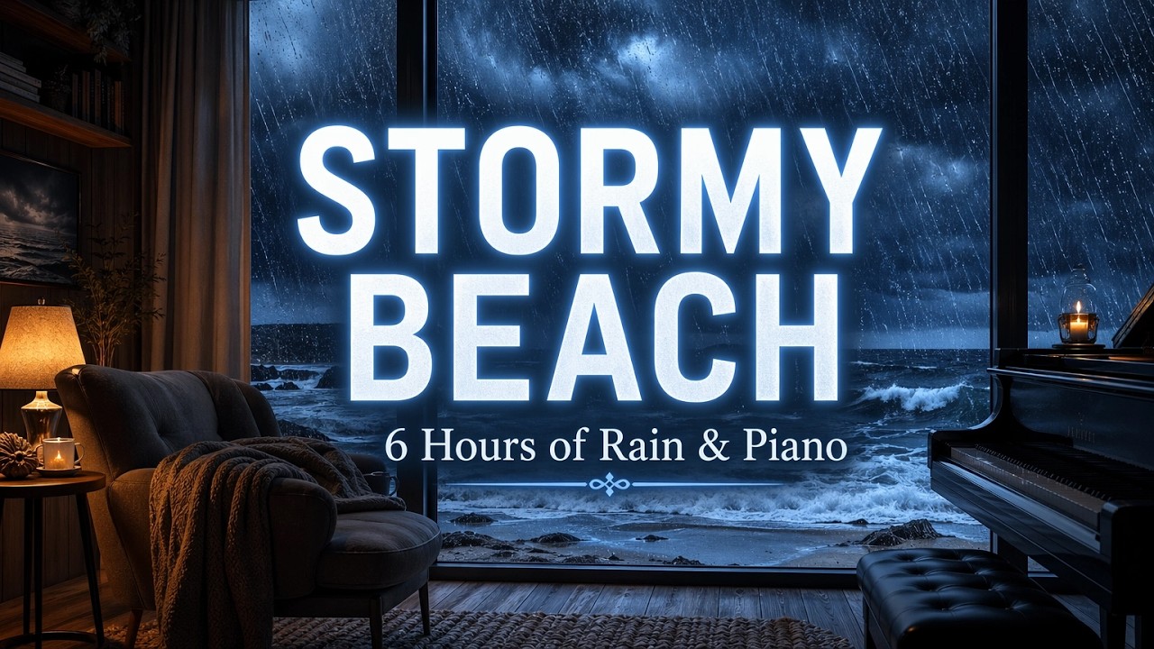 Stormy Beach Window Ambience 🌧 Soft Piano, Rain & Ocean Sounds for Sleep