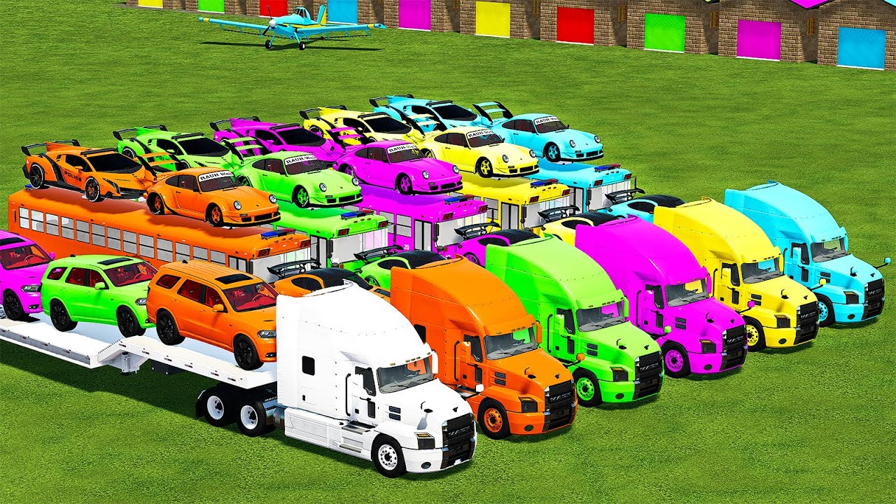 TRANSPORTING PORSCHE 911, DODGE, VENENO & FIRE DEP BUSES WITH MACK TRUCKS! Farming Simulator 22