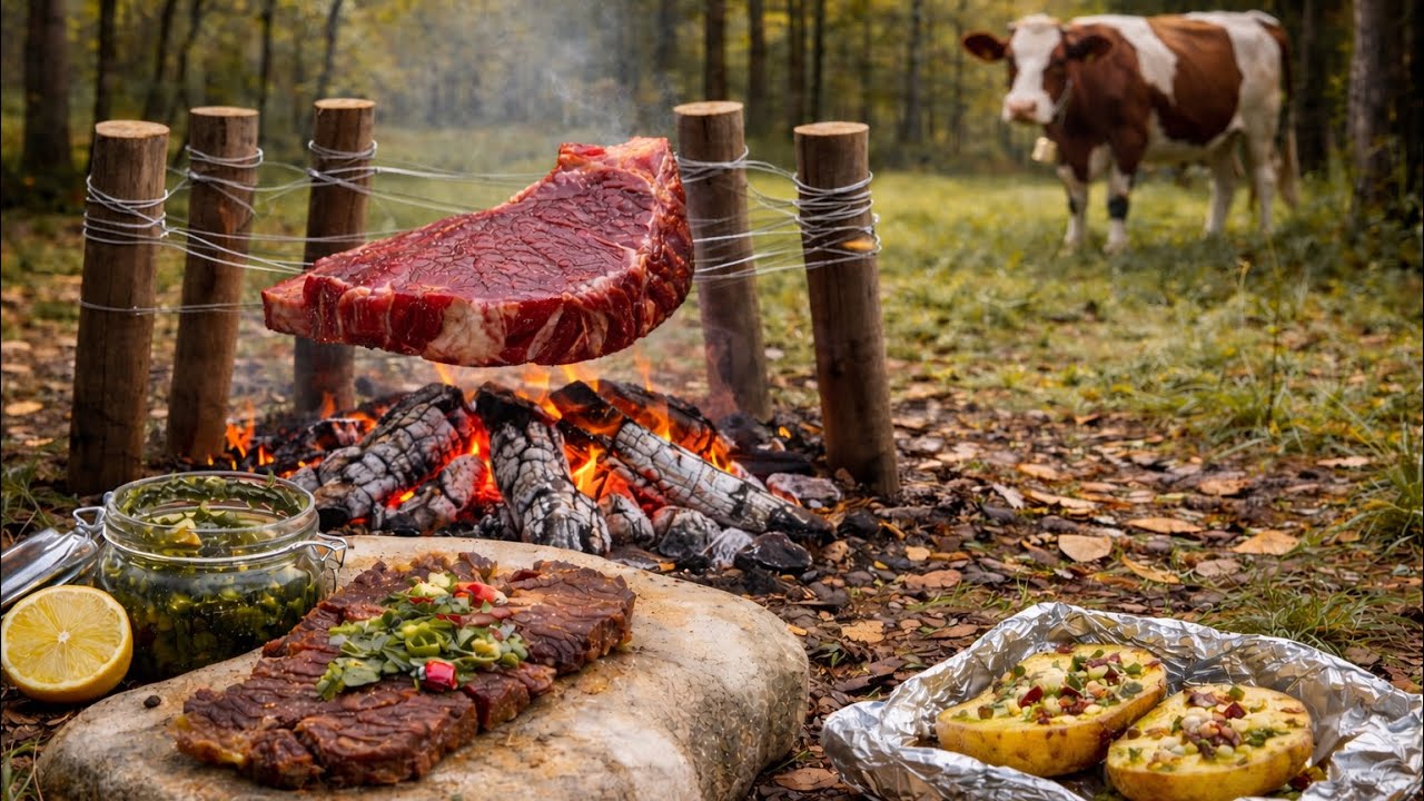 Silent Bushcraft Campfire Cooking | Primitive Steak in the Wild (No Talking)🥩🔥🪵