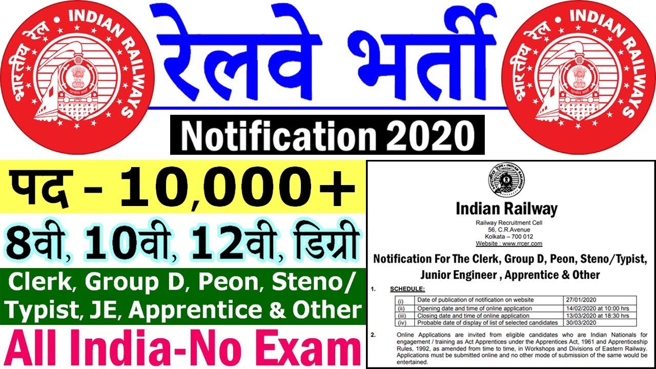 Railway Recruitment 2020 || Railway Jobs 2020 for 8th 10th 12th Degree Pass