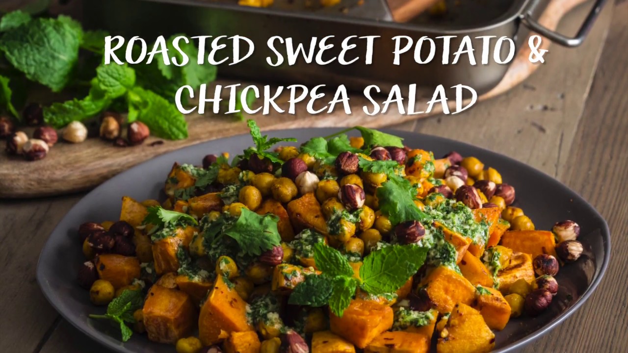 Roasted Sweet Potato & Chickpea Salad with Tahini Dressing by Niki Webster