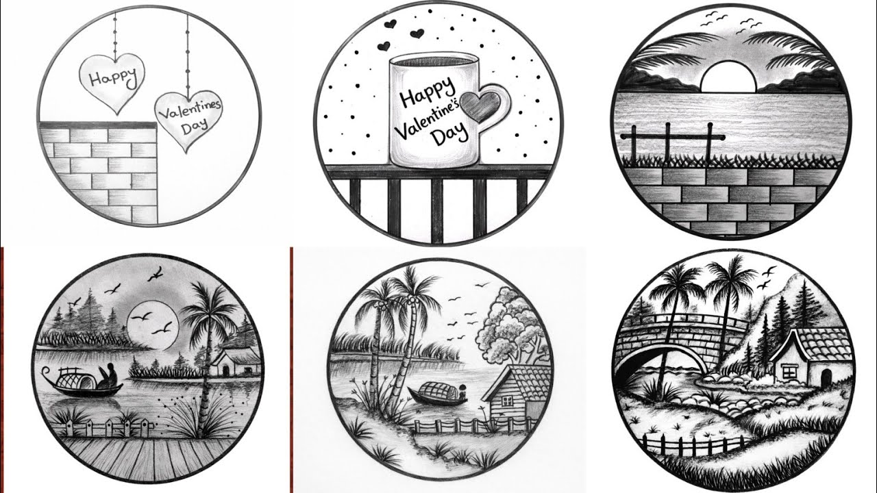 6 Easy circle Valentine's day drawing/Easy drawing ideas for beginners/How to draw pencil drawing