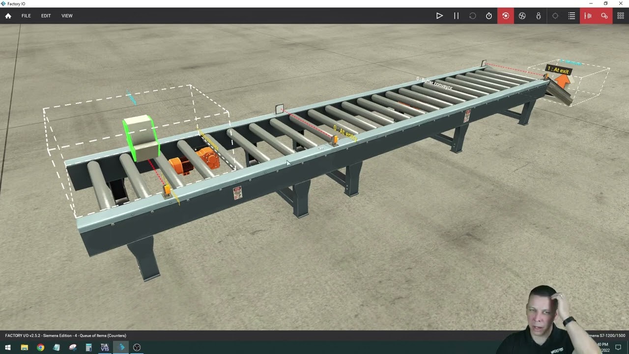 Factory IO - 4 - Queue of items (Counters) using a Siemens S7-1200 CPU with TIA Portal.