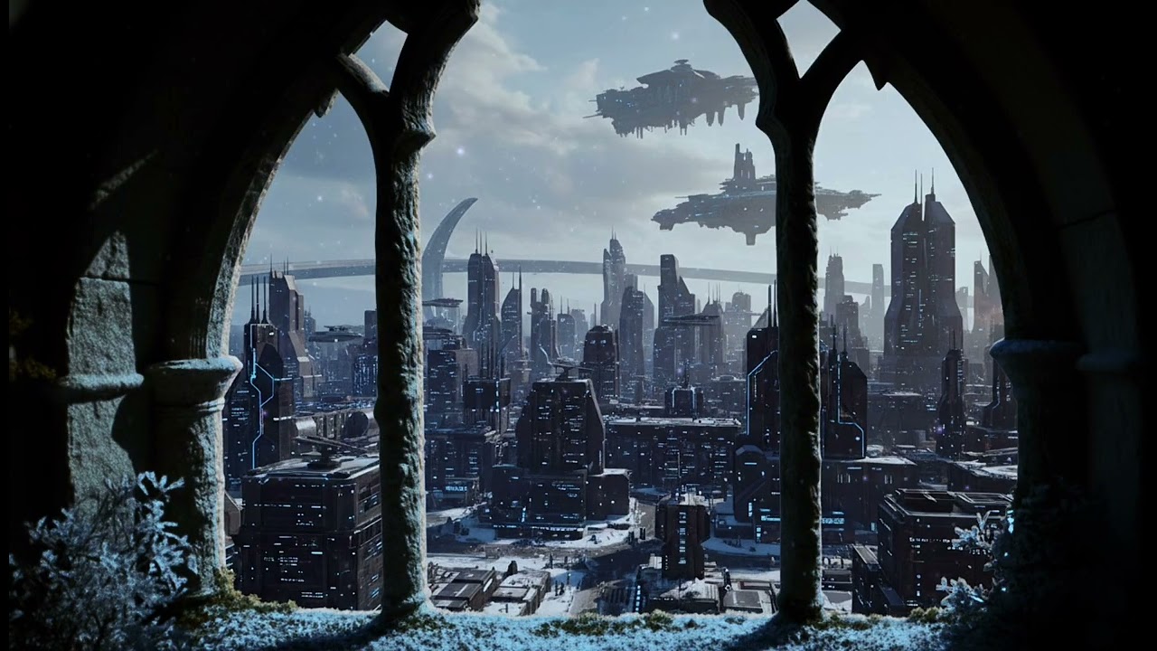 Snowy Sci-Fi City Window 🤖🌨️ Stunning 4K View for Projectors