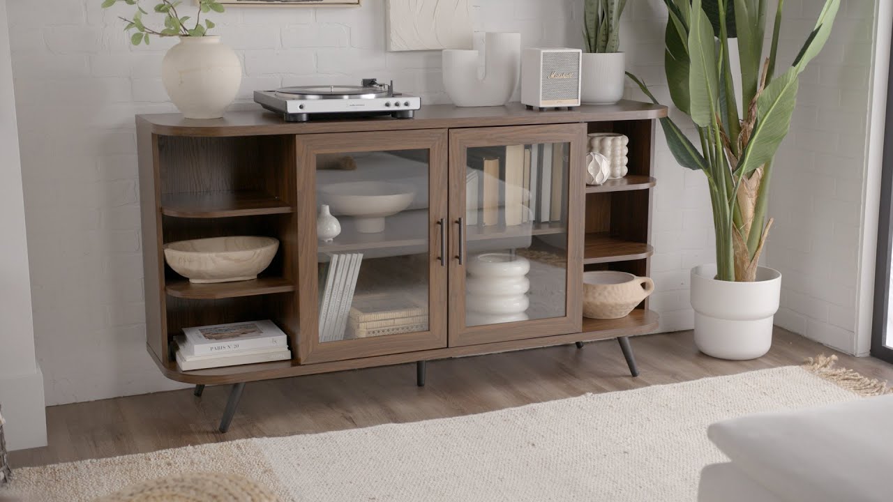 Mid-Century Modern Fluted Glass-Door Sideboard - Dark Walnut