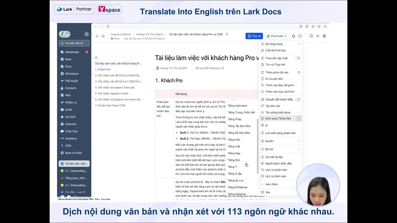 🌺Translate to English trên Lark Docs, dịch nội dung văn bản với 113 ngôn ngữ khác nhau