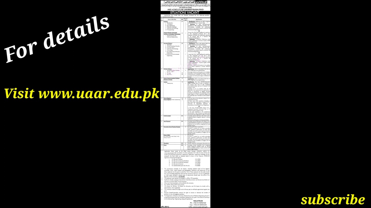 Arid Agriculture University Rawalpindi jobs 2021|| PMAS UAAR