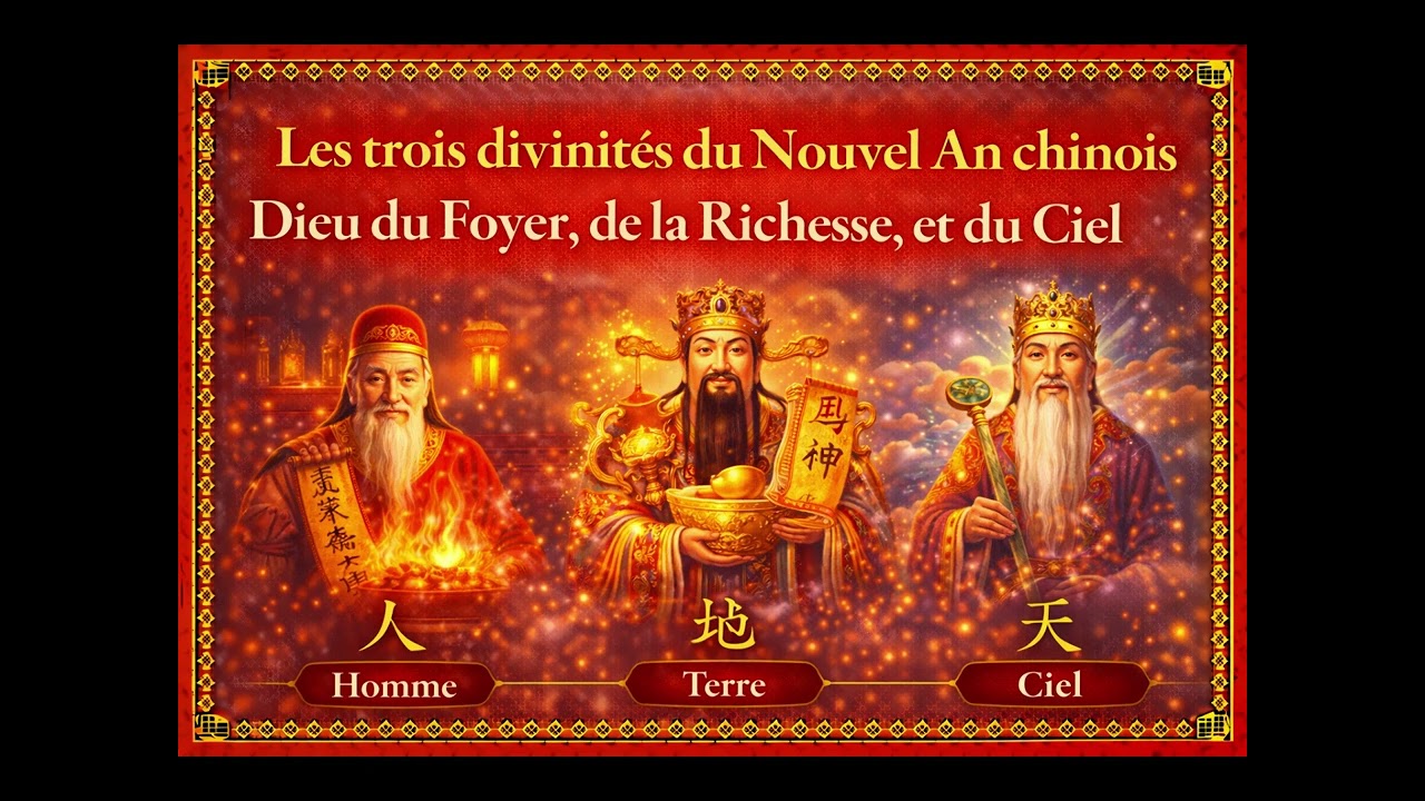 Les trois divinités du Nouvel An chinois le Dieu du Foyer, le Dieu de la Richesse et le Dieu du Ciel