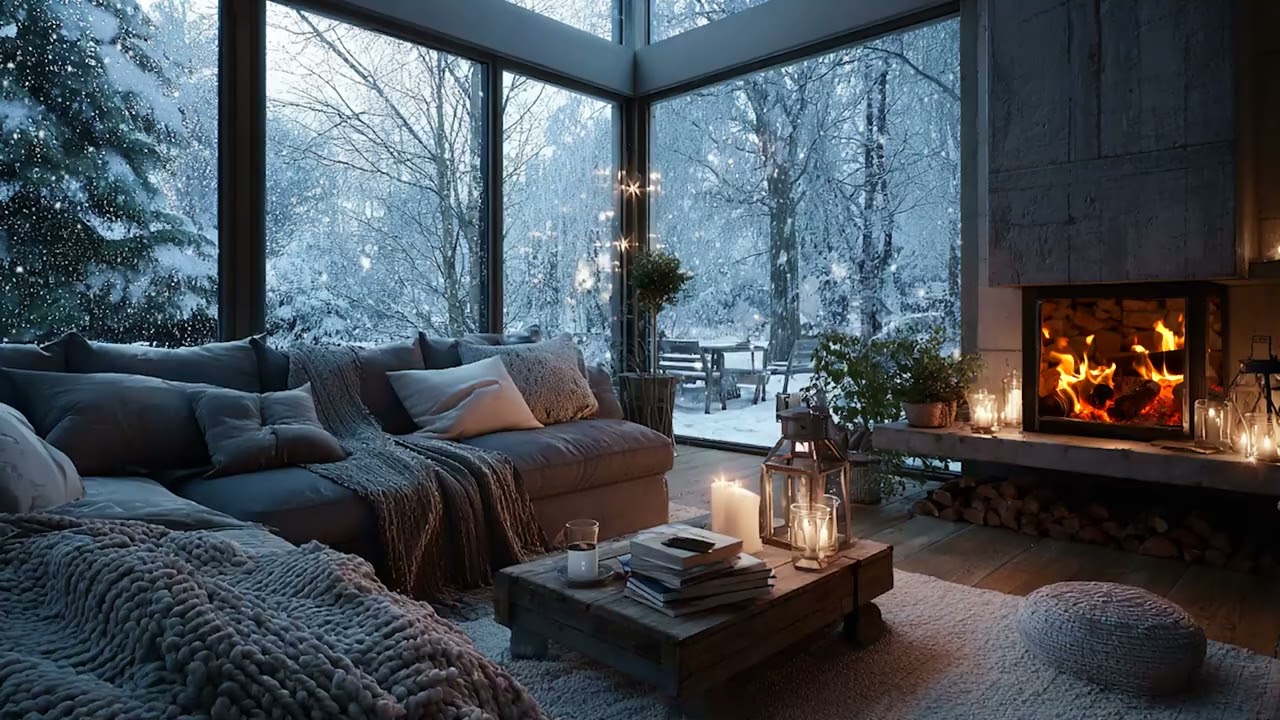 Snowy Cabin Fireplace Ambience 🔥 Warm Lights, Winter Night Sounds for Deep Relaxation & Sleep
