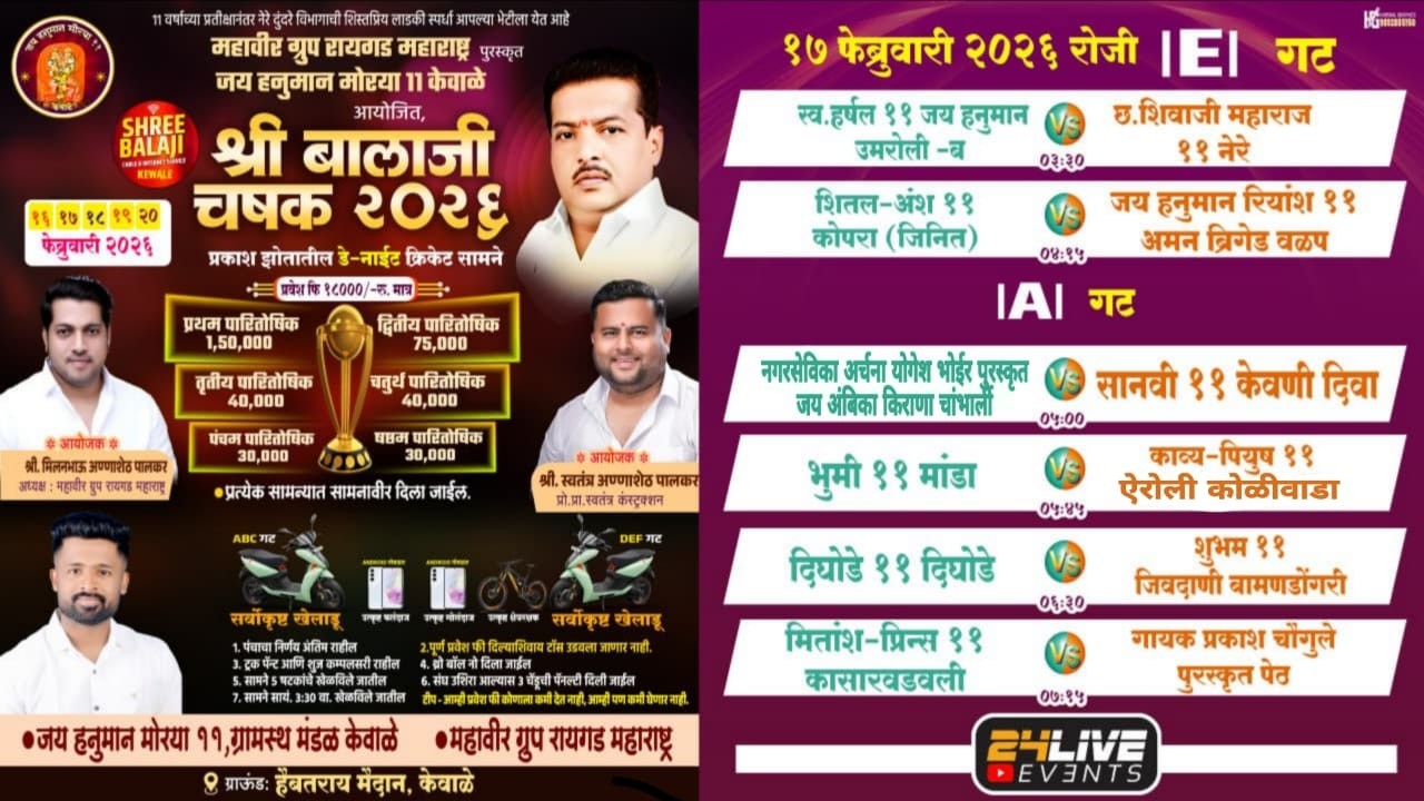 महावीर ग्रुप रायगड महाराष्ट्र पुरस्कृत जय हनुमान मोरया 11 केवाळे आयोजित श्री बालाजी चषक २०२६