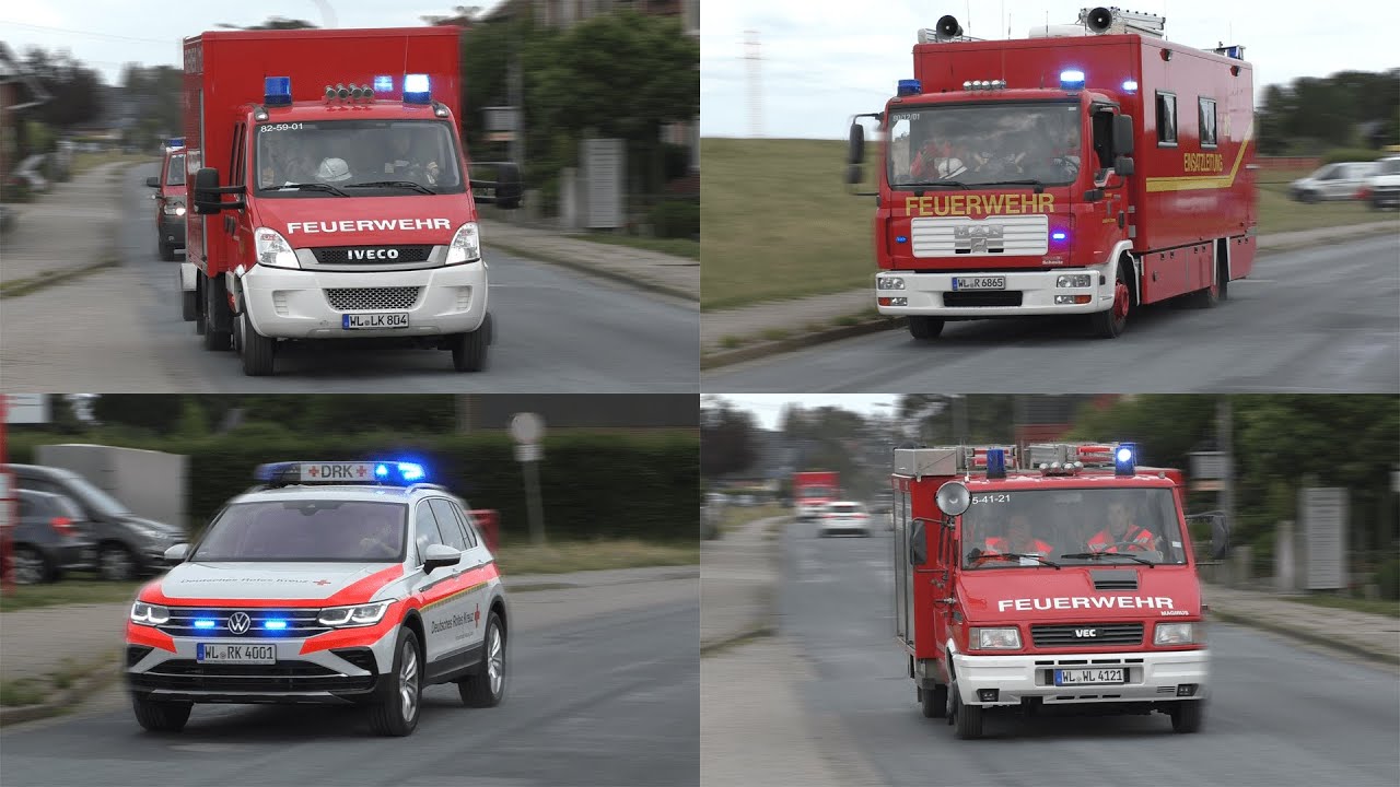 [Brennende Motoryacht auf der Elbe] Einsatzfahrten Feuerwehr und DRK Landkreis Harburg und Hamburg