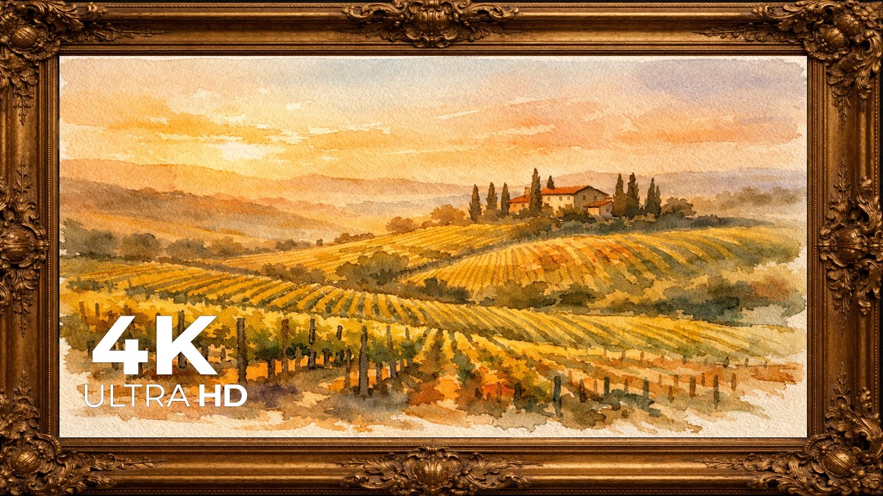 4K Tuscany Style Vineyard Landscape | Elegant Framed Painting Ambient TV Wallpaper