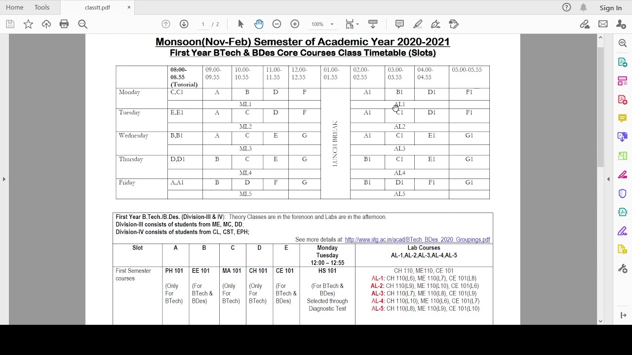 Time table decode IIT-Guwahati