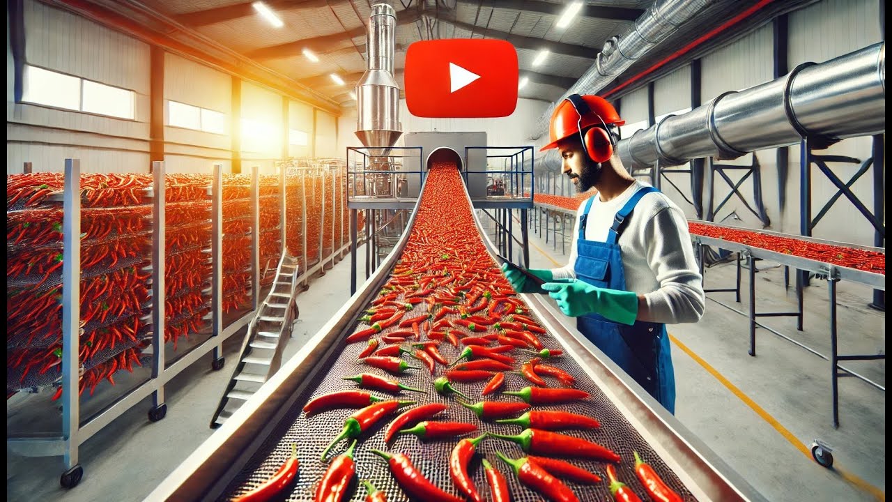 Chili drying machine.Chili powder process. Red pepper dryer equipment.