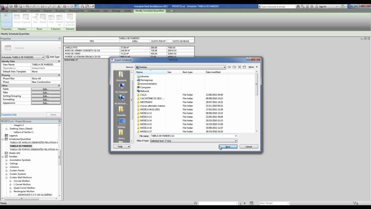 REVIT 2012 - TUTORIAL 26 - TABELAS DE QUANTITATIVOS E ORÇAMENTOS
