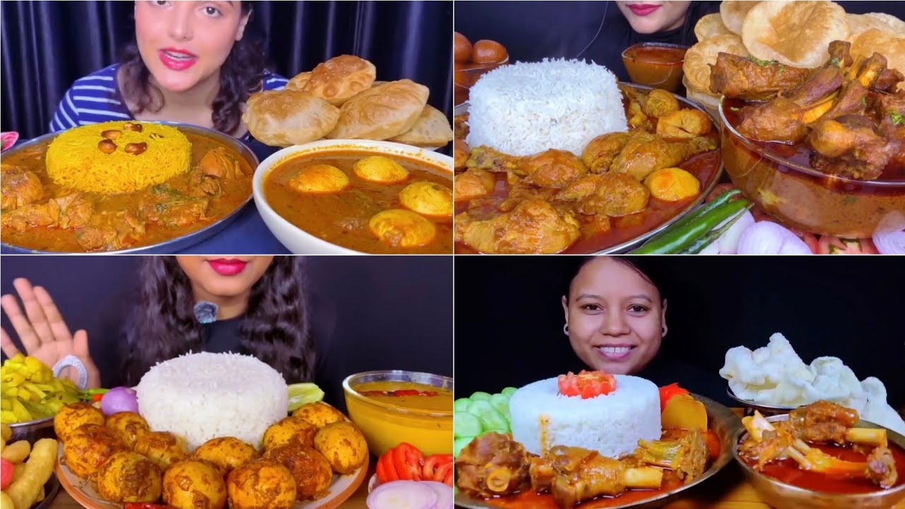 Asmr Eating👌 Rice Soft Puri Pulao with Spicy🔥🌶 Chicken Curry Egg Curry Mutton Curry 😋Mukbang Show 