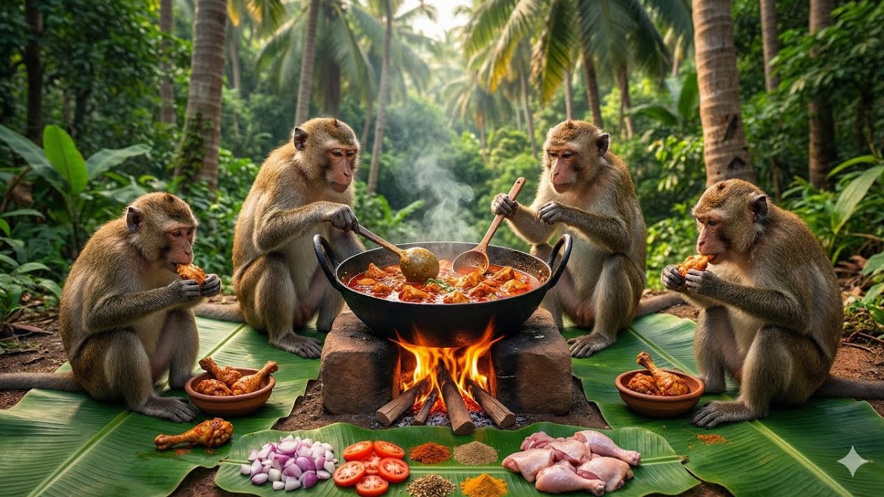 बंदरों ने मिलकर बनाई चिकन बिरयानी 😱 Monkey Cook Chicken Like Humans in Jungle
