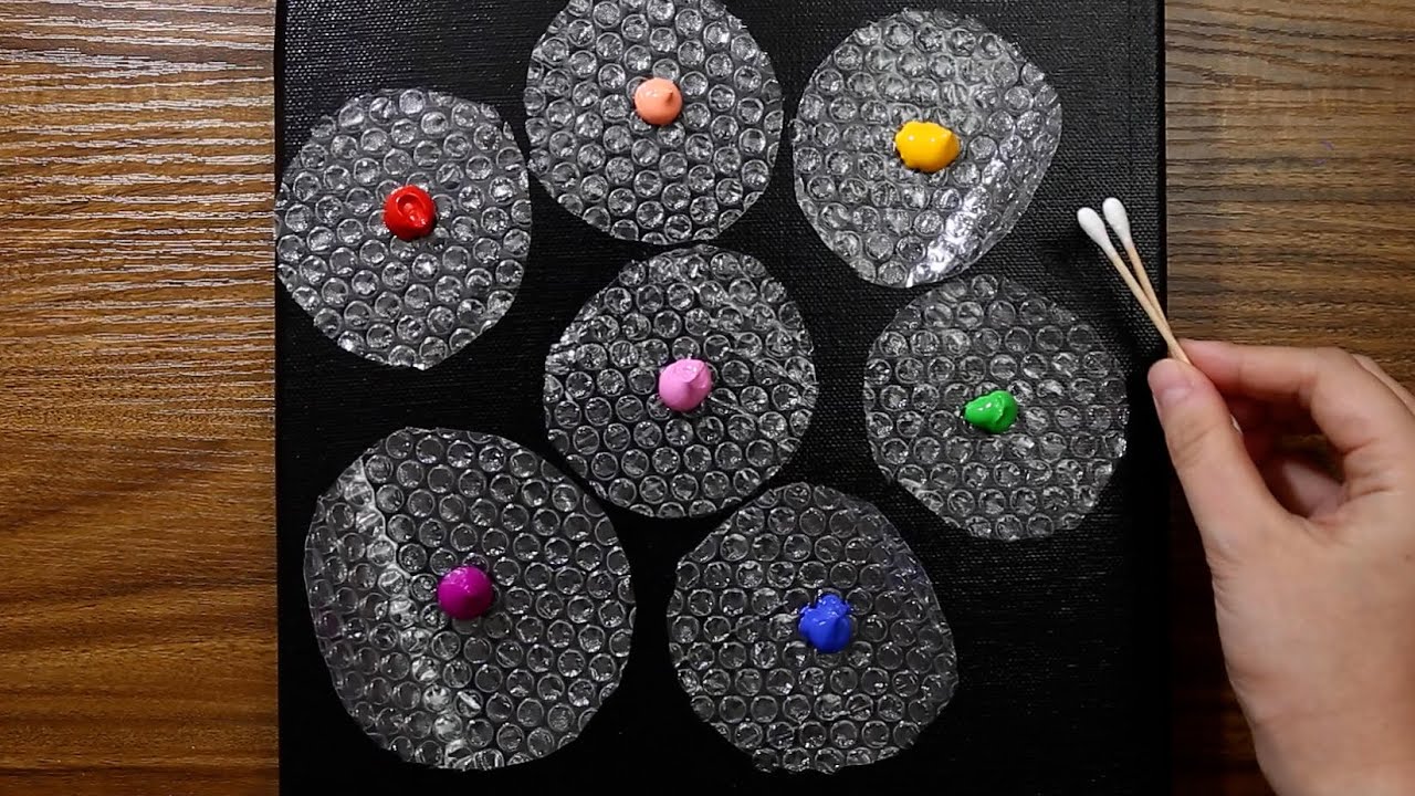 Easy Flowers Acrylic Painting With Bubble Wrap, Cotton Swab For Beginners on Black Canvas #975｜ASMR