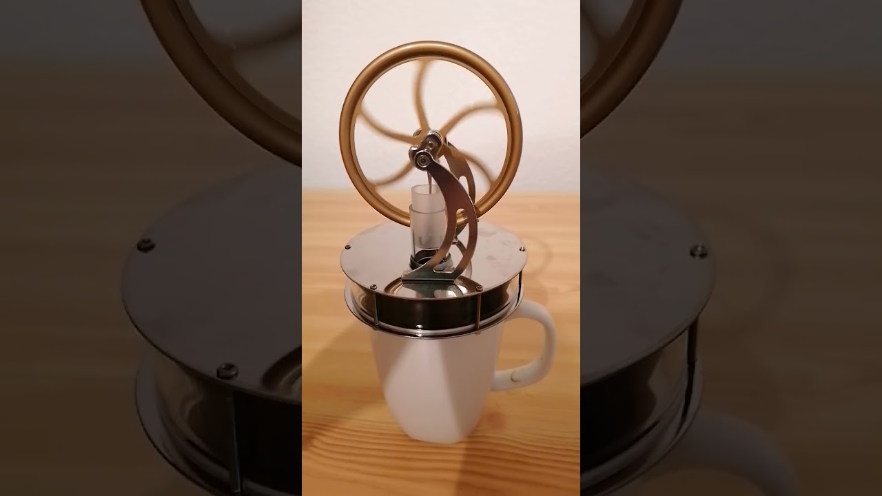 Der Stirlingmotor - super einfache Wärmekraftmaschine. Tasse heißes Wasser reicht als Energiequelle