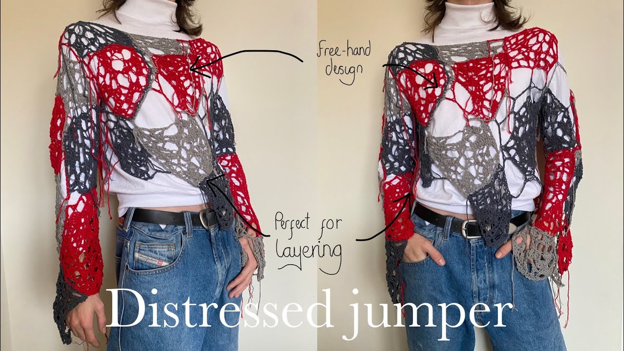 Patchwork Distressed Crochet Jumper tutorial | A spiderweb, tattered freehand crochet jumper design