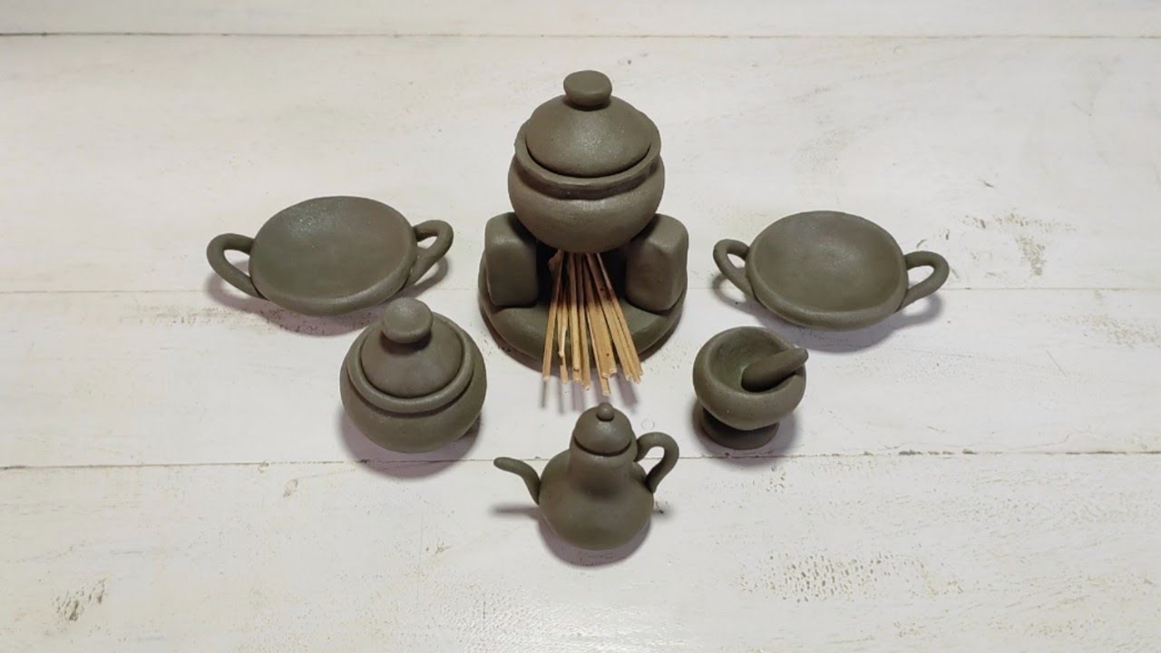 Primitive technique make handmade kitchen set with clay | miniature clay kitchen set | kitchen tools