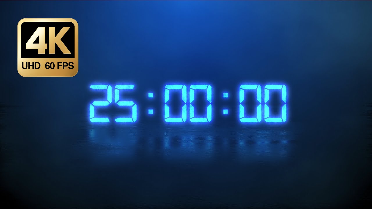 25 Minute Countdown Timer 4K &bull; Blue Digital Clock &bull; Pomodoro Focus Background (No Music)