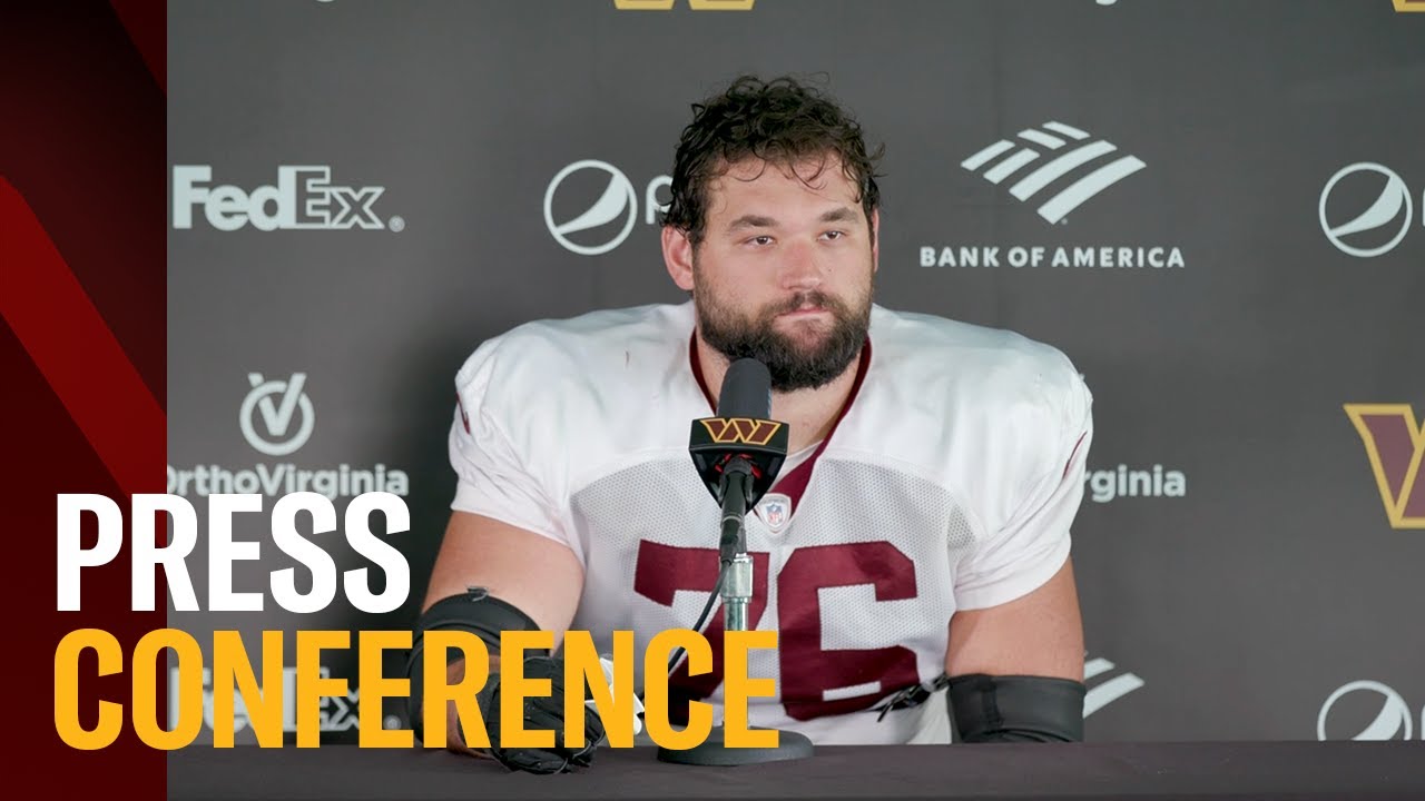 OL Sam Cosmi speaks to the media after the first padded practice | Washington Commanders