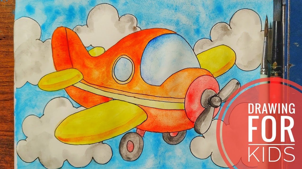 Drawing For Kids - Cute Plane Flying in the Sky Easy Watercolor Tutorial