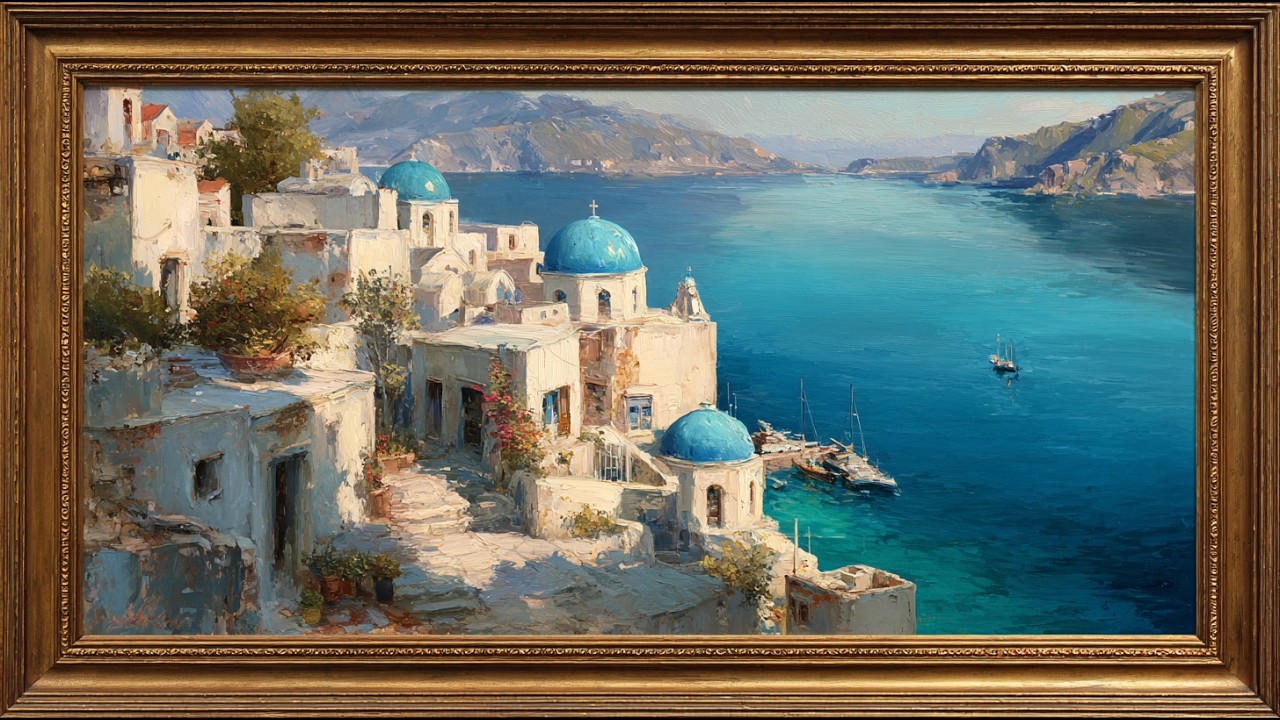 Santorini Greece Coastal Village Painting | Mediterranean Seascape | Frame TV Art (4K Screensaver)