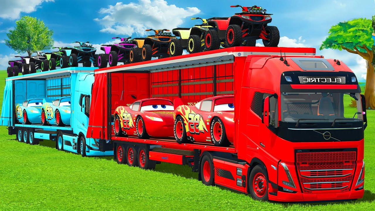 TRANSPORTING MCQUEEN CARS & ATV WITH VOLVO TRUCKS - FS25 ZNIP