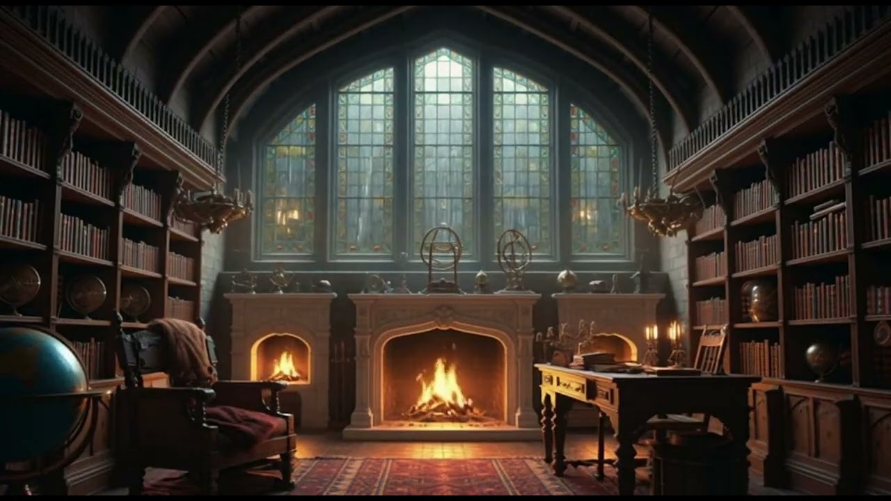 Medieval Library with Three Woodburning Fireplaces🌩️🔥Rainy Night by the Fire | Cozy Room
