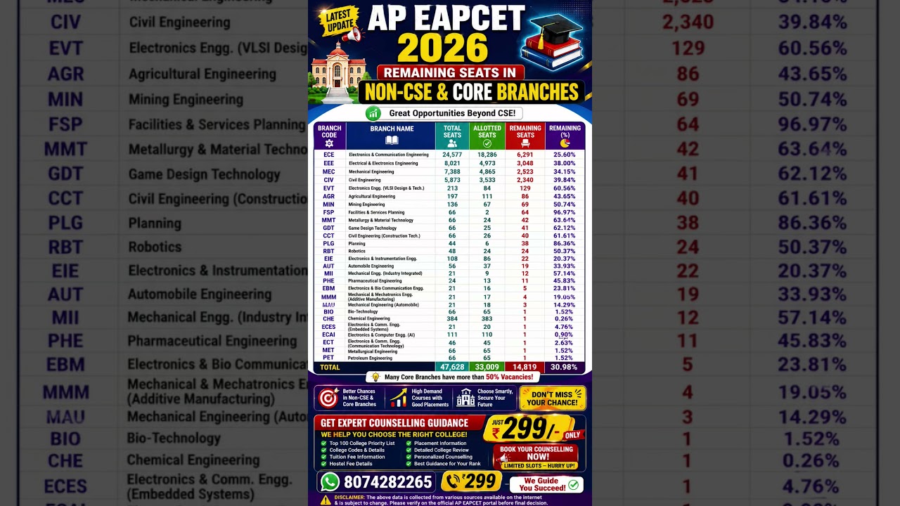 AP EAPCET 2026 Remaining Seats 🔥 14,819 Seats Available | ECE, EEE, MEC, CIV & Core Branches