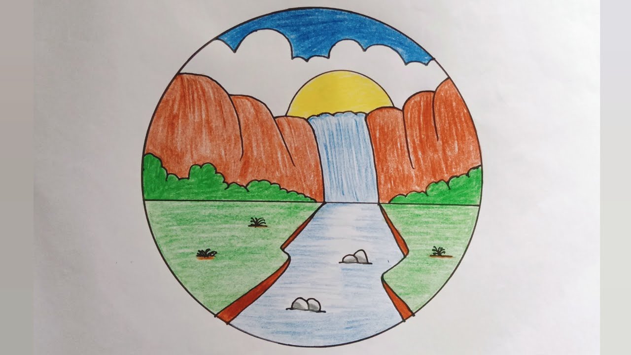Circle scenery drawing।।Beautiful circle scenery drawing।।Easy scenery drawing in circle🖼️💐🪴