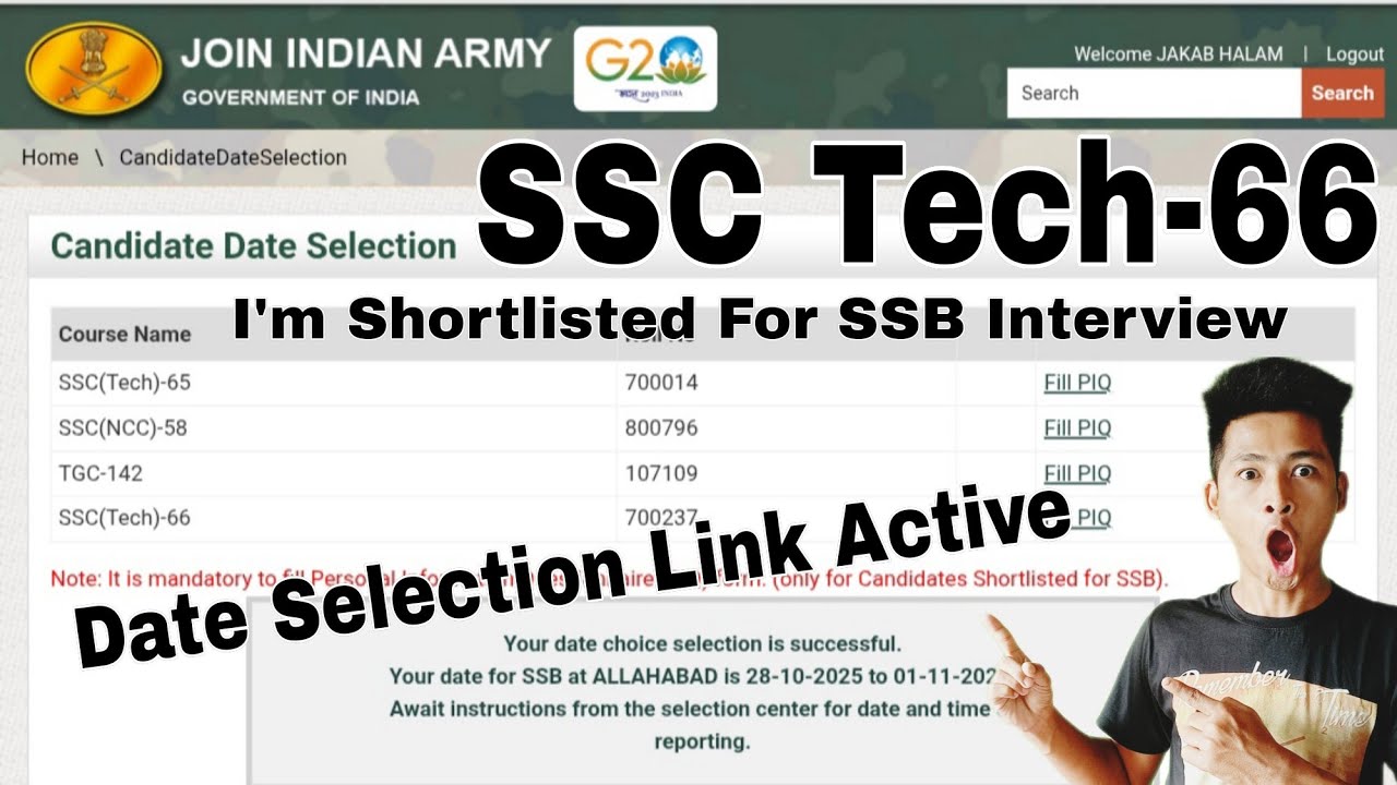 Indian Army SSC Tech-66 SSB Interview Date Selection Link Active 2025, Date Selection Choose kaise