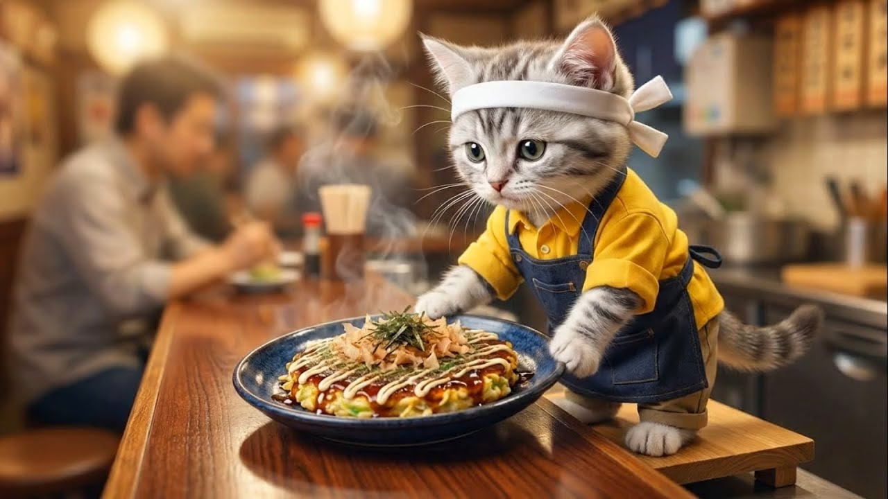 へい、いらっしゃい!!お好み焼き屋でバイト!!ねこの一日に密着🐱🍳