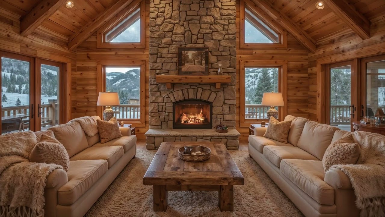 “Cozy Fire Ambience .Crackling Fireplace in the Heart of the Mountains”.