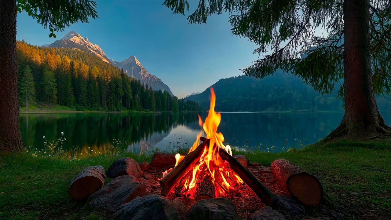 A Quiet Campfire by a Mountain Lake 🔥⛰️ Evening Reflections and Peaceful Forest Atmosphere