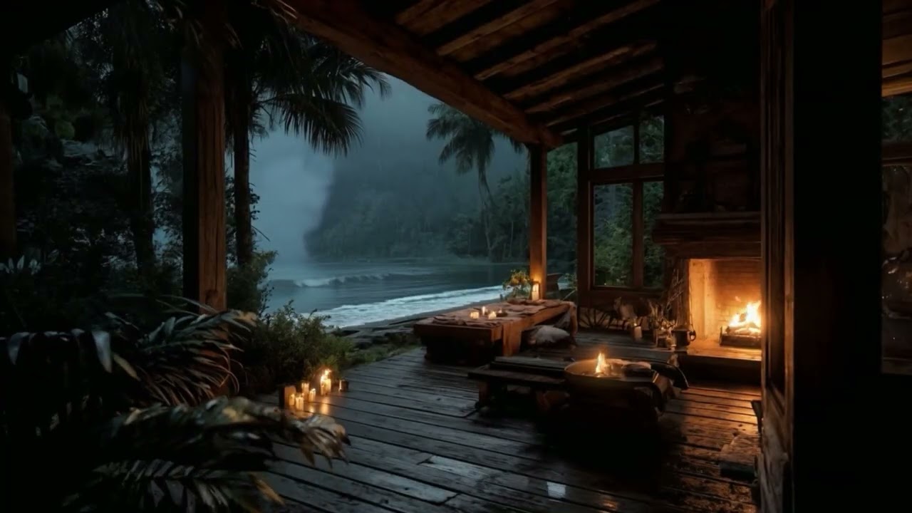 🌧️🔥 NO ADS Thunderstorm Rain on a Cozy Seaside Porch | Gentle Rain Sounds & Ocean for Deep Sleep