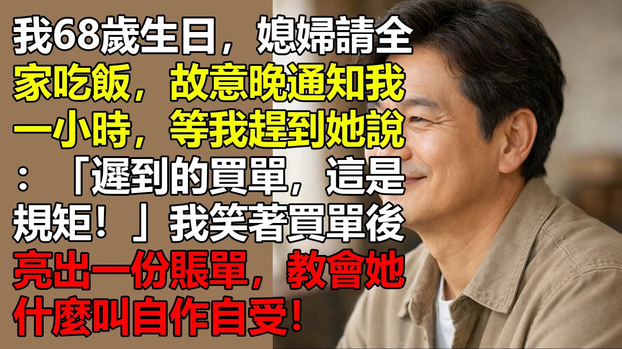 我68歲生日，媳婦請全家吃飯，故意晚通知我一小時，等我趕到她說：「遲到的買單，這是規矩！」我笑著買單後亮出一份賬單，教會她什麼叫自作自受！【康養人生道】 #康養人生道 #上了年紀該明白的事
