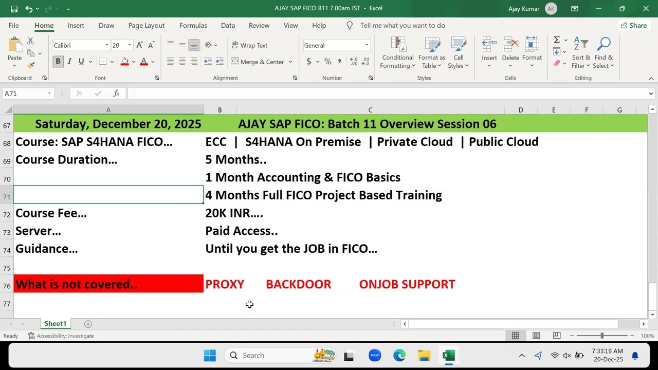 BATCH 11 SAP S4 HANA FICO Overview Session 06: SAP FICO Course Details